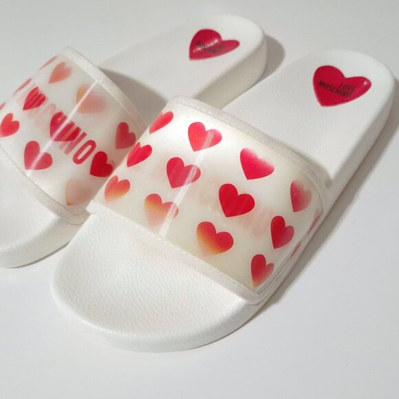 NWOT Love Moschino red & white heart print hologram flat pool slide sandals, 41 - Picture 9 of 16